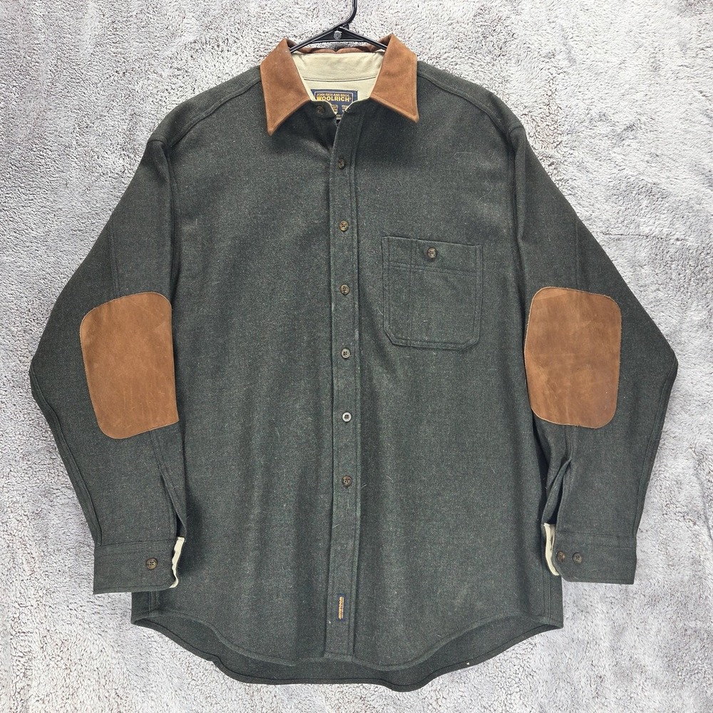 Woolrich Shirt Mens Large Commando Wool Flannel Long Sleeve Suede Elbow Patch
